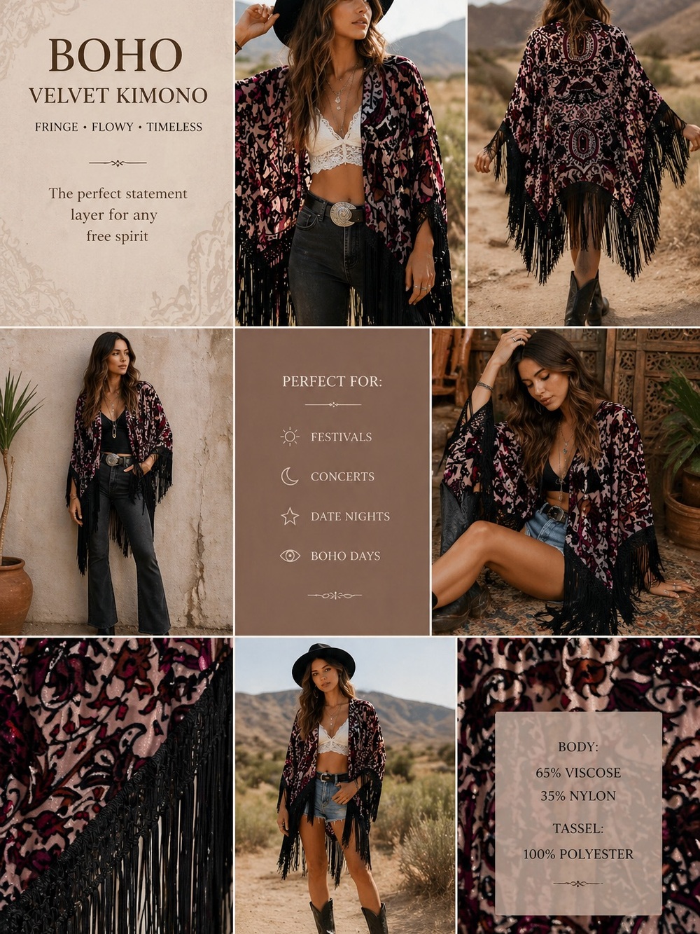 Boho Velvet Fringe Kimono ✨ Oversized Statement Shawl